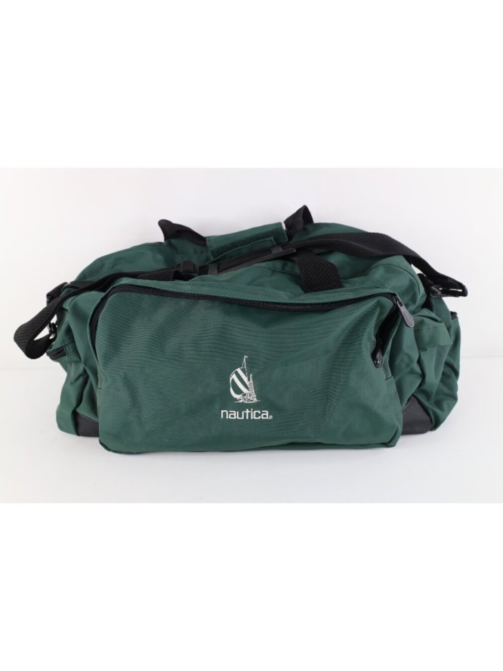 Vtg 90s Nautica Spell Out Sailboat Handled Duffel Weekender Bag Carry On Green